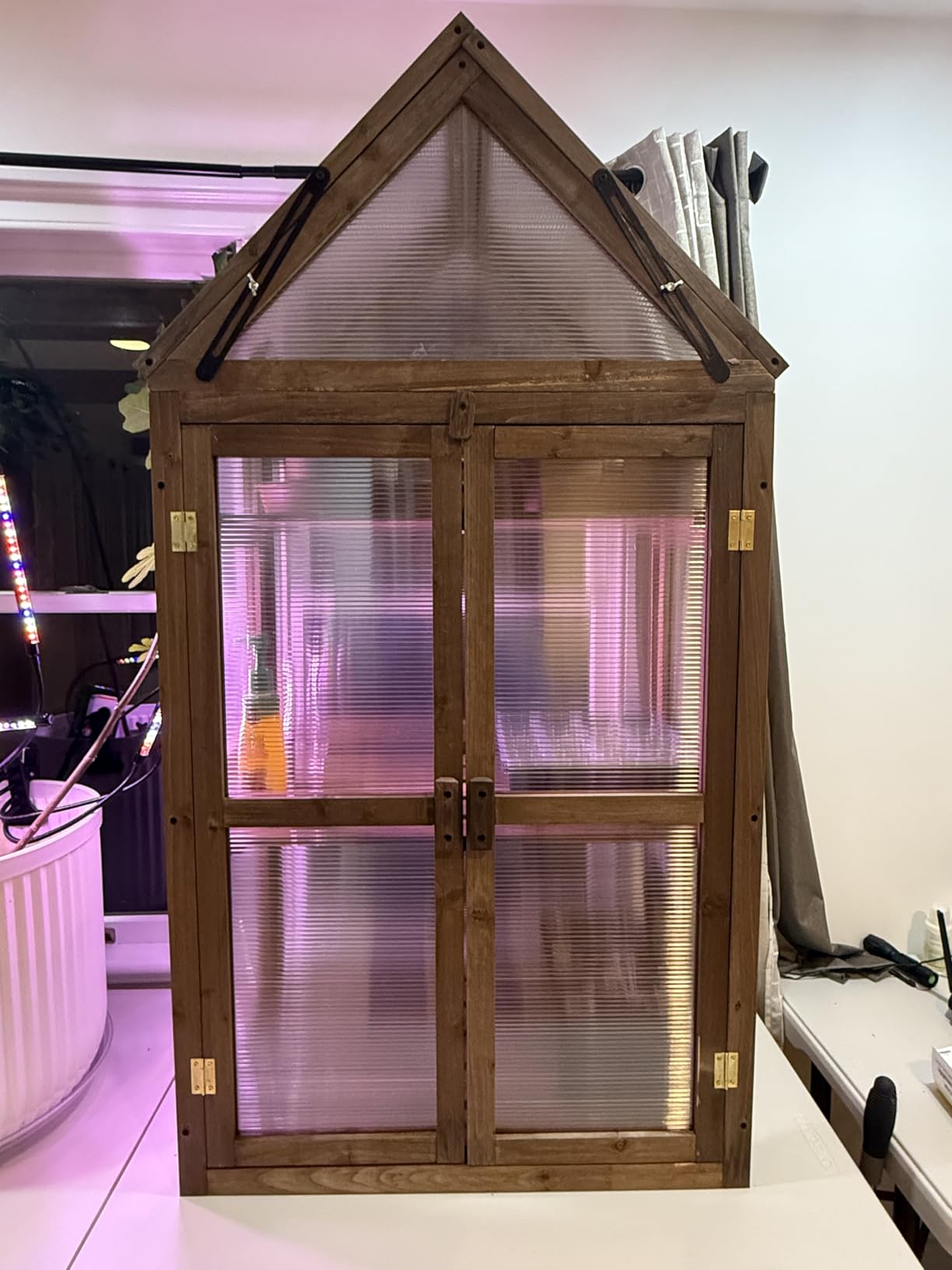Happygrill Cold Frame, Mini Wooden Green House w/Transparent Openable Roof, Raised Flower Planter Shelf w/3 Adjustable Shelves & Polycarbonate Panels, Small Wood Greenhouse Cabinet for Indoor Outdoors customer photo 2