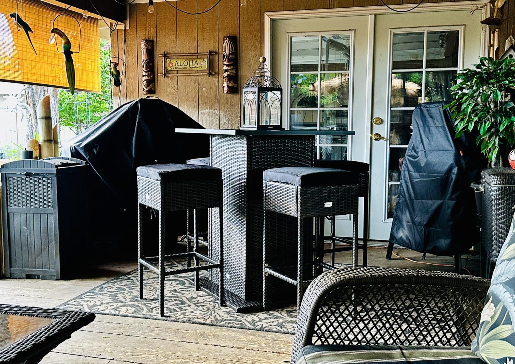 RELAX4LIFE 5-Piece Outdoor Bar Set, Wicker Rattan Bar Height Patio Set w/4 Cushion Bar Stools & Table with Hidden Storage, 5PCS Outdoor High Top Table and Chairs Set for Backyard Poolside (Navy Blue) customer photo 2