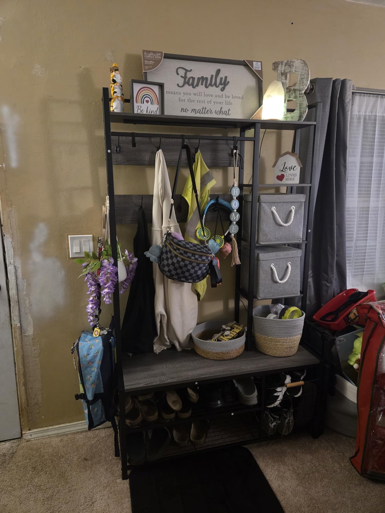 BON AUGURE Hall Tree with Shoe Storage, 5-in-1 Reversible Entryway Bench with Coat Hooks for Hallway, Rustic Wood and Metal Coat Rack with Shelves for Mudroom (Rustic Oak) customer photo 1