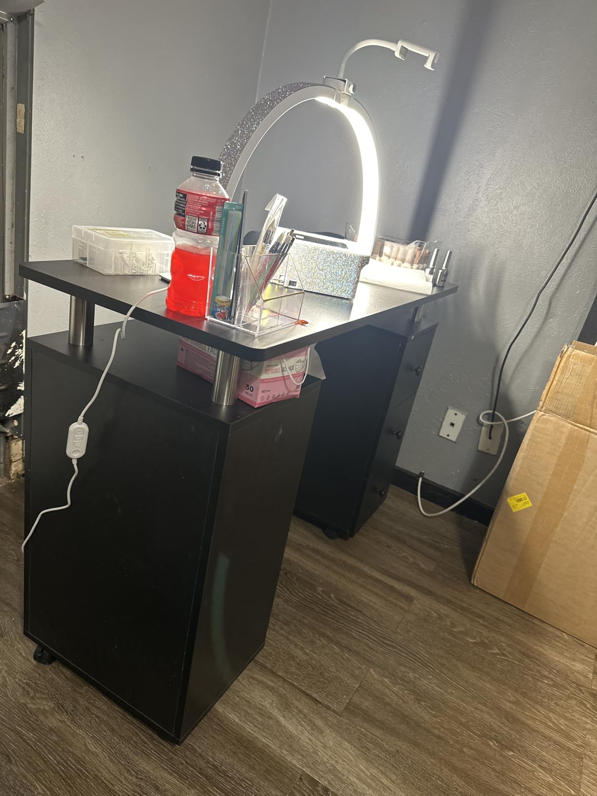 OmySalon Manicure Table Nail Desk for Nail Tech, Nail Table Beauty Salon Tech Station w/Electric Downdraft Vent, Lockable Wheels,Wrist Cushion,Storage Shelves & Drawers customer photo 2