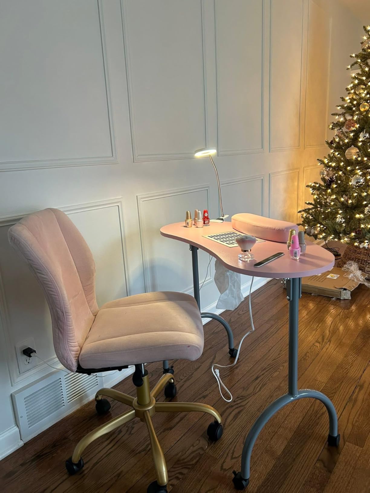 TABU Portable Manicure Nail Table, Foldable Manicure Table with Dust Collector Fan, LED Lamp, 4 Lockable Wheels and Carry Bag, Professional Nail Desk with Wrist Cushion (Pink) customer photo 1