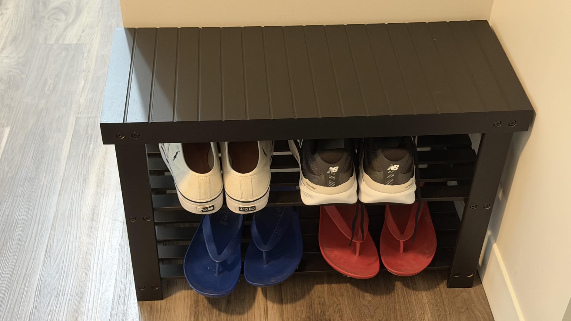 SONGMICS Shoe Rack Bench, 3-Tier Bamboo Shoe Storage Organizer, Entryway Bench, Holds Up to 286 lb, 11.3 x 35.4 x 17.8 Inches, for Entryway Bathroom Bedroom, Ink Black ULBS90B33 customer photo 2