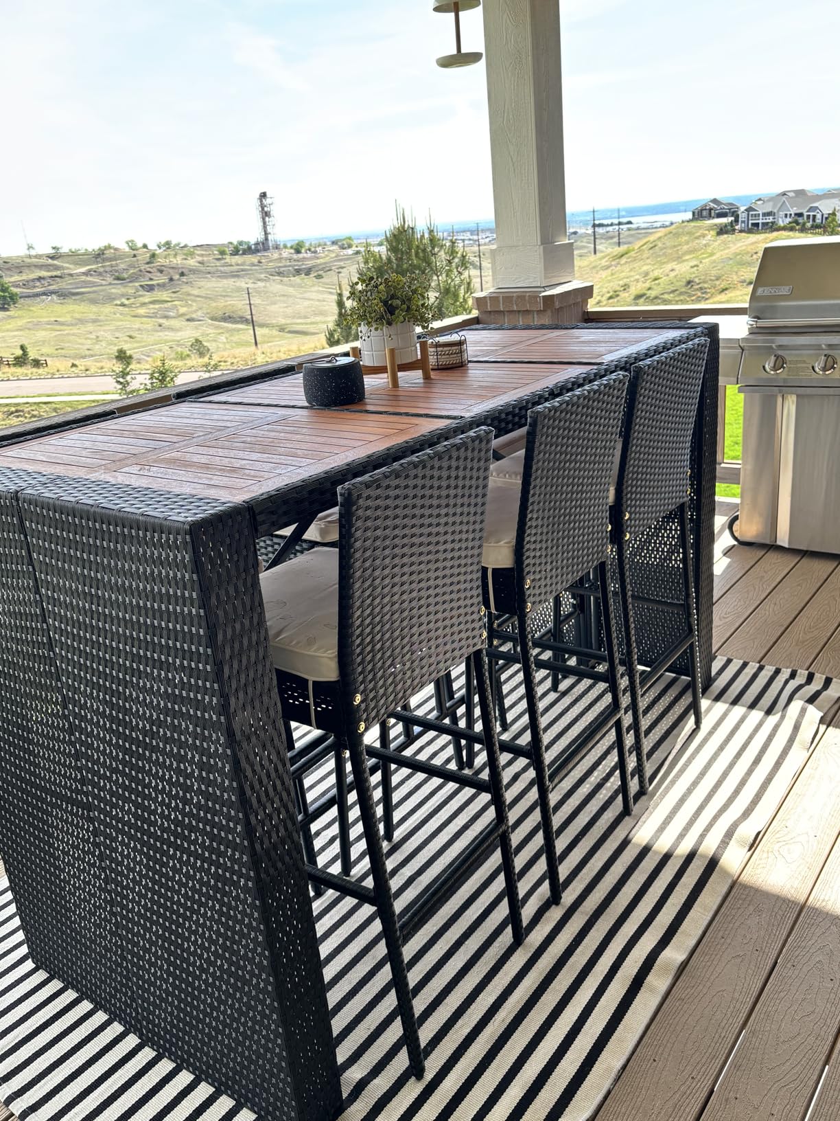 Yaheetech 7 Piece Patio Dining Set Outdoor Acacia Wood Bar Table and Chairs with Removable Cushions, Wicker Furniture Set for Deck, Backyard, Garden, Black/Beige customer photo 1