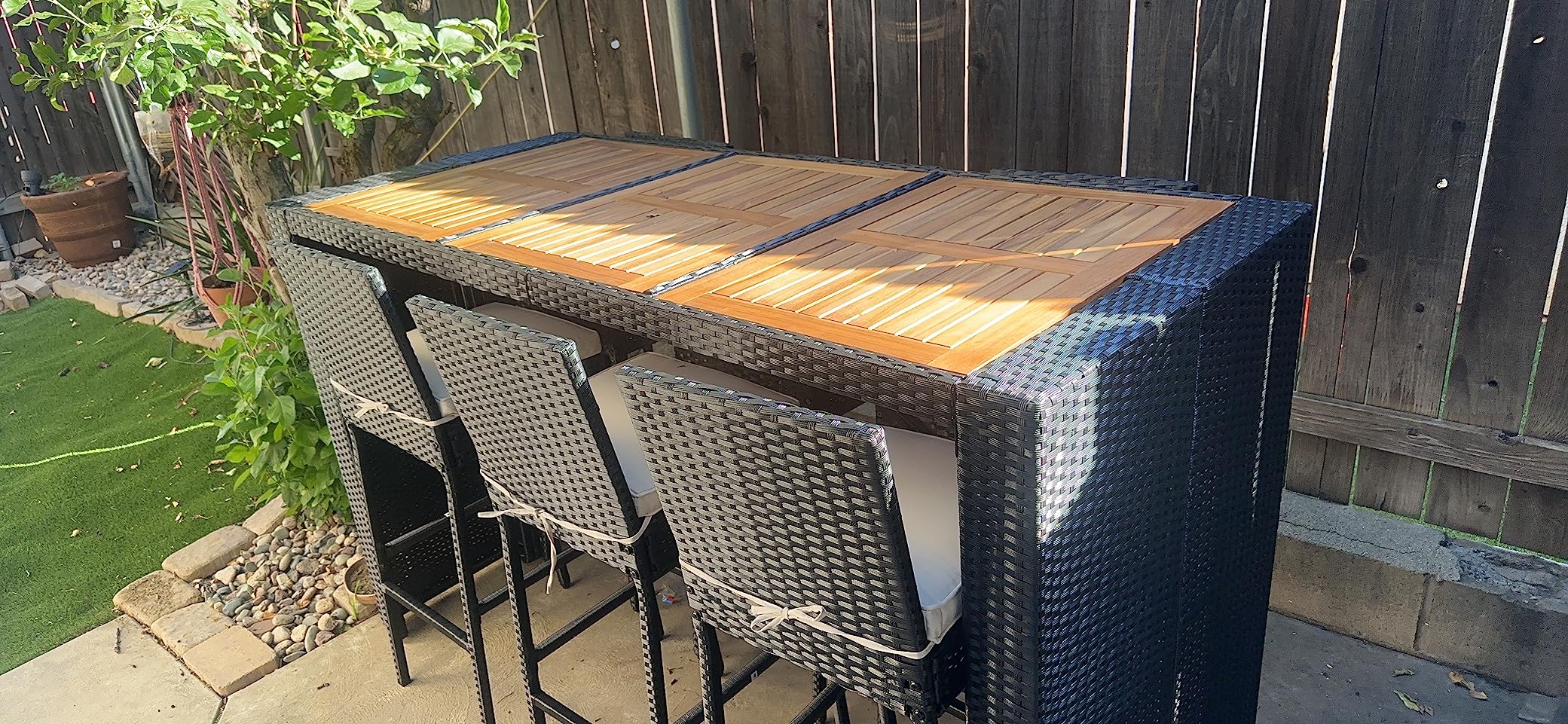 Yaheetech 7 Piece Patio Dining Set Outdoor Acacia Wood Bar Table and Chairs with Removable Cushions, Wicker Furniture Set for Deck, Backyard, Garden, Black/Beige customer photo 2