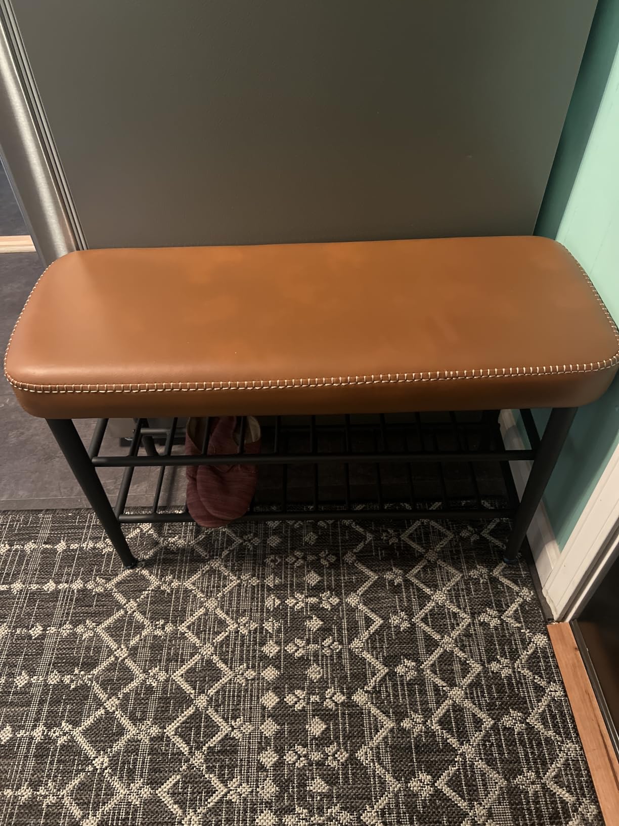 VASAGLE EKHO Collection - Shoe Rack Bench, Storage Bench for Entryway, Synthetic Leather with Stitching, Mid-Century Modern, Loads 300 lb, 11.8 x 31.5 x 19.7 Inches, Caramel Brown ULSB054K01 customer photo 2