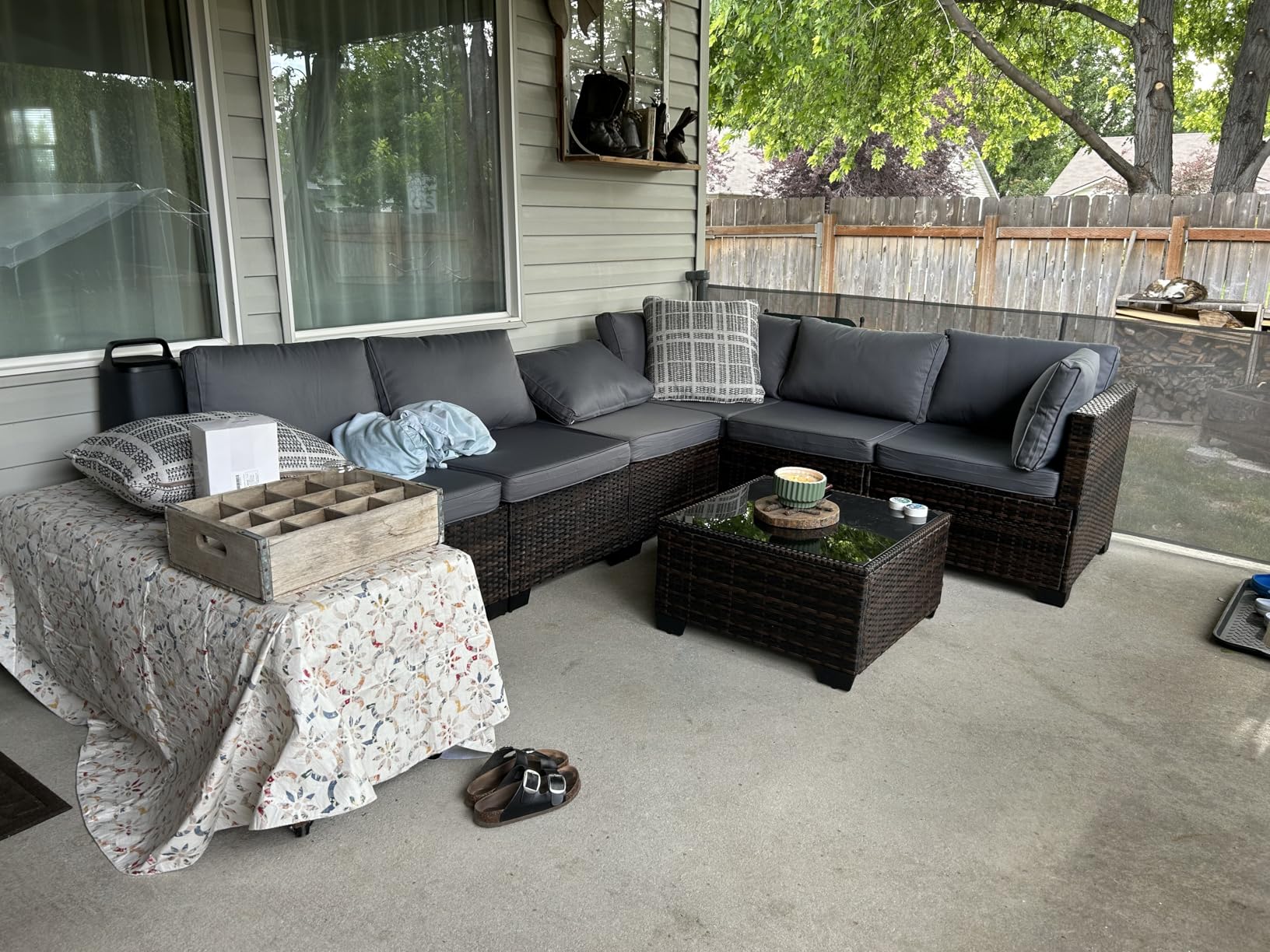 Qsun 7 Pieces Outdoor Patio Furniture Set, PE Rattan Outdoor Wicker Sectional Furniture Sofa Set, with Cushions and Glass Coffee Table, for Balcony, Porch, Garden, Grey customer photo 2