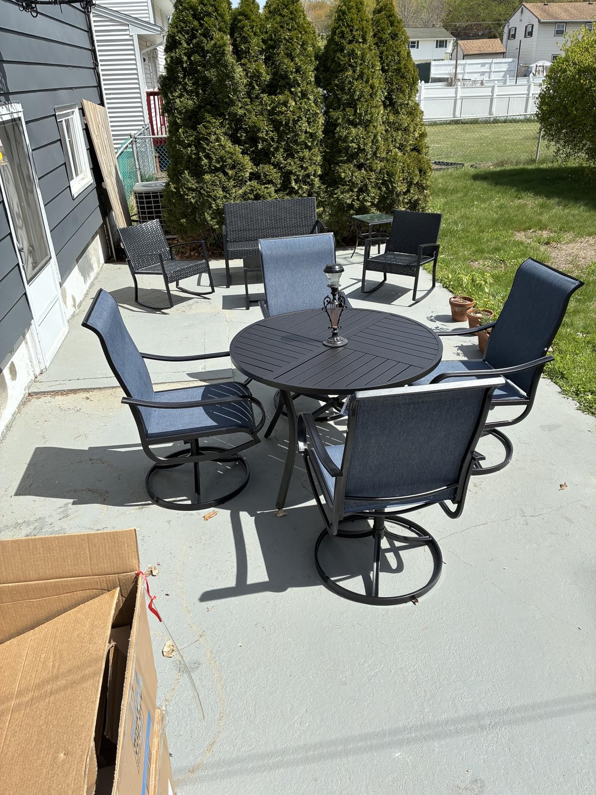 PHI VILLA 5 Piece Patio Dining Set with 4 Outdoor Swivel Dining Chairs & 1 Large Round Dining Table, All Weather Blue Textilene Mesh Fabric Chair and Round Metal Table customer photo 1