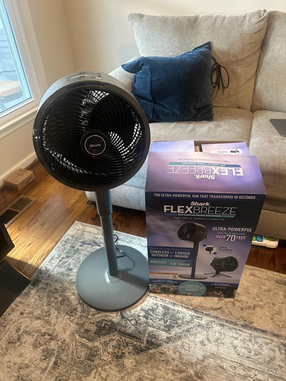 Shark FlexBreeze Fan, Indoor & Outdoor Oscillating Cooling Fan, Floor & Tabletop, Portable Cordless & Corded, Bedroom, Office & Patio Fan, InstaCool Misting Attachment & Remote, Grey, FA222 customer photo 1