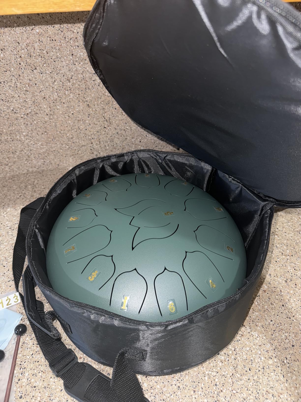 CAHAYA Steel Tongue Drum 12-Inch: 13 Notes Steel Percussion Hand Drum with Music Score Drum Mallets Finger Paddles and Carry Bag for Meditation Entertainment Musical Education Sage Green CY00374-1 customer photo 2