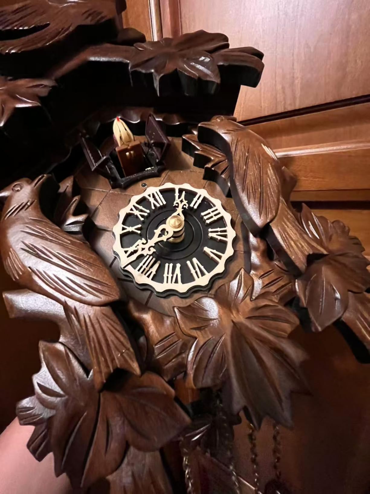 Kintrot Cuckoo Clock, Traditional Black Forest Handcrafted Wooden Quartz Clock for Wall Antique Decroration with Maple Leaf Pendulum, 12 Melodies, Night Sensor and Singing Bird customer photo 2