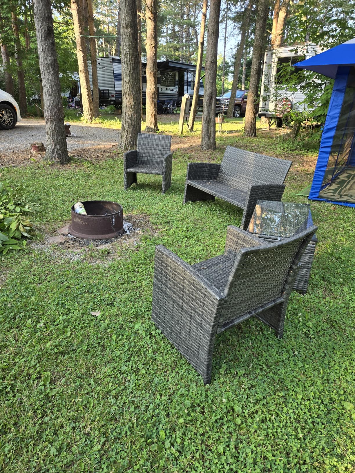 JAMFLY 4 Piece Outdoor Patio Furniture Set, Outdoor Wicker Rattan Chairs Conversation Sets with Cushions & Coffee Table for Outside, Garden, Balcony, Porch, Dark Blue customer photo 1