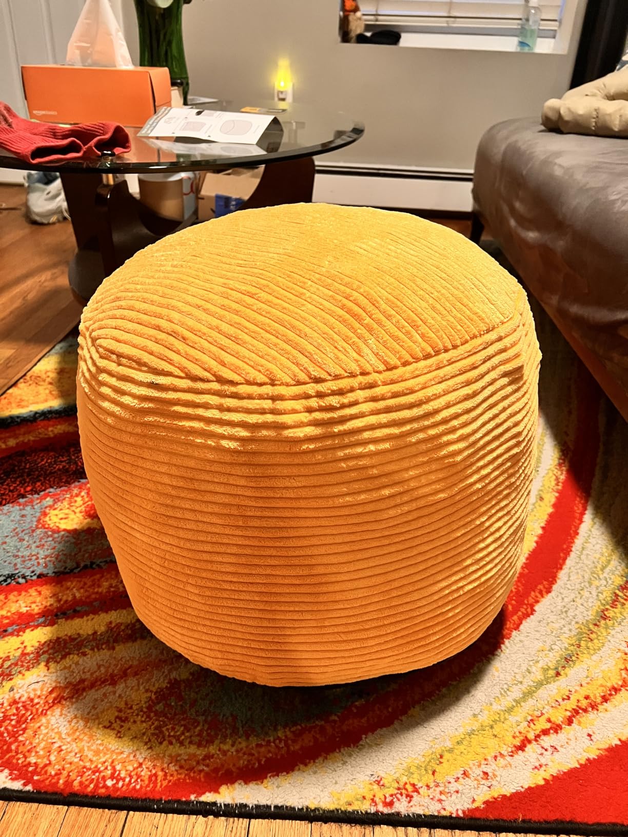 HIGOGOGO Round Stuffed Pouf Ottoman, Corduroy Poufs with Foam Chunk Filling, Furry and Fluffy Pouf Foot Stool Storage Ottoman, 20 X 15 Floor Poufs Foot Rest for Living Room, Dark Grey customer photo 1