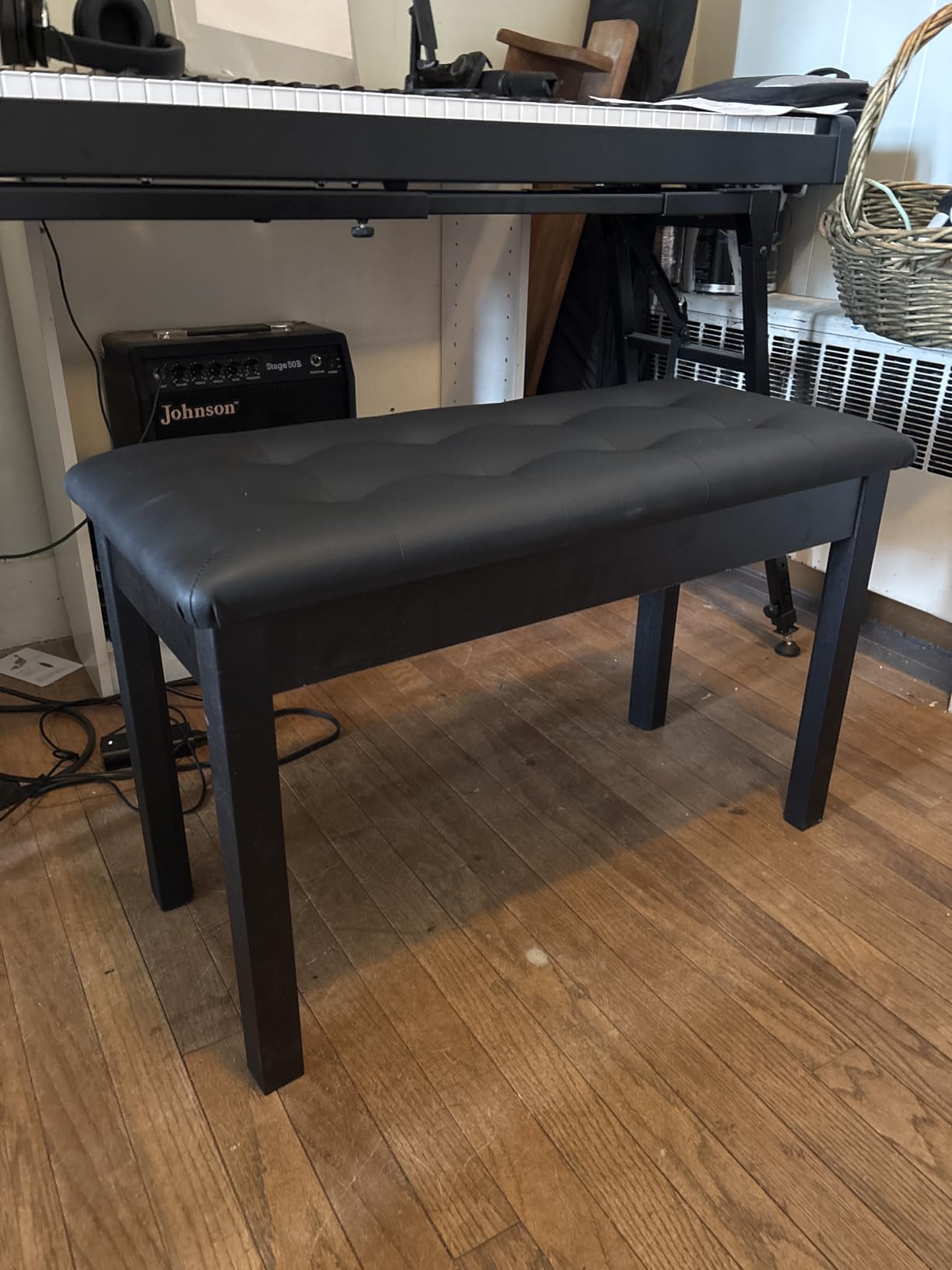 Sanpuli Solid Wood Piano Bench with Storage, Piano Stool and Padded Cushion, Keyboard Bench with Bookcase customer photo 1