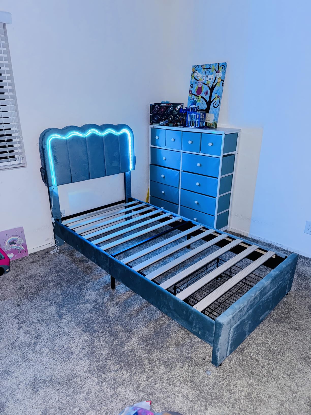 Full Upholstered LED Bed Frame with 2 Storage Drawers and Adjustable Chic Double Wavy Headboard, Velvet Princess Platform Bed with Charging Station, Solid Wood Slats Support, No Box Spring Needed, Beige customer photo 1