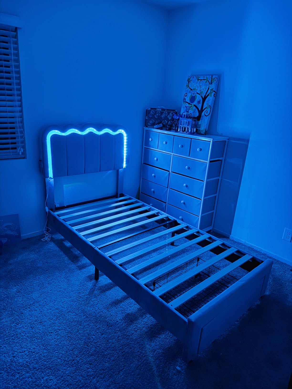 Full Upholstered LED Bed Frame with 2 Storage Drawers and Adjustable Chic Double Wavy Headboard, Velvet Princess Platform Bed with Charging Station, Solid Wood Slats Support, No Box Spring Needed, Beige customer photo 2