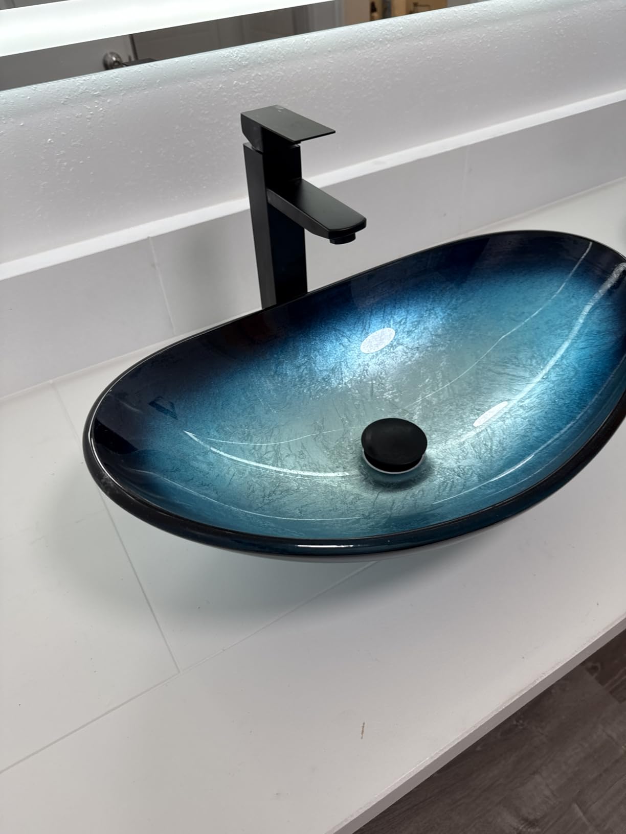 Bathroom Boat Shape Artistic Glass Vessel Sink Free Black Faucet and Pop-up Drain Set, Gold customer photo 2