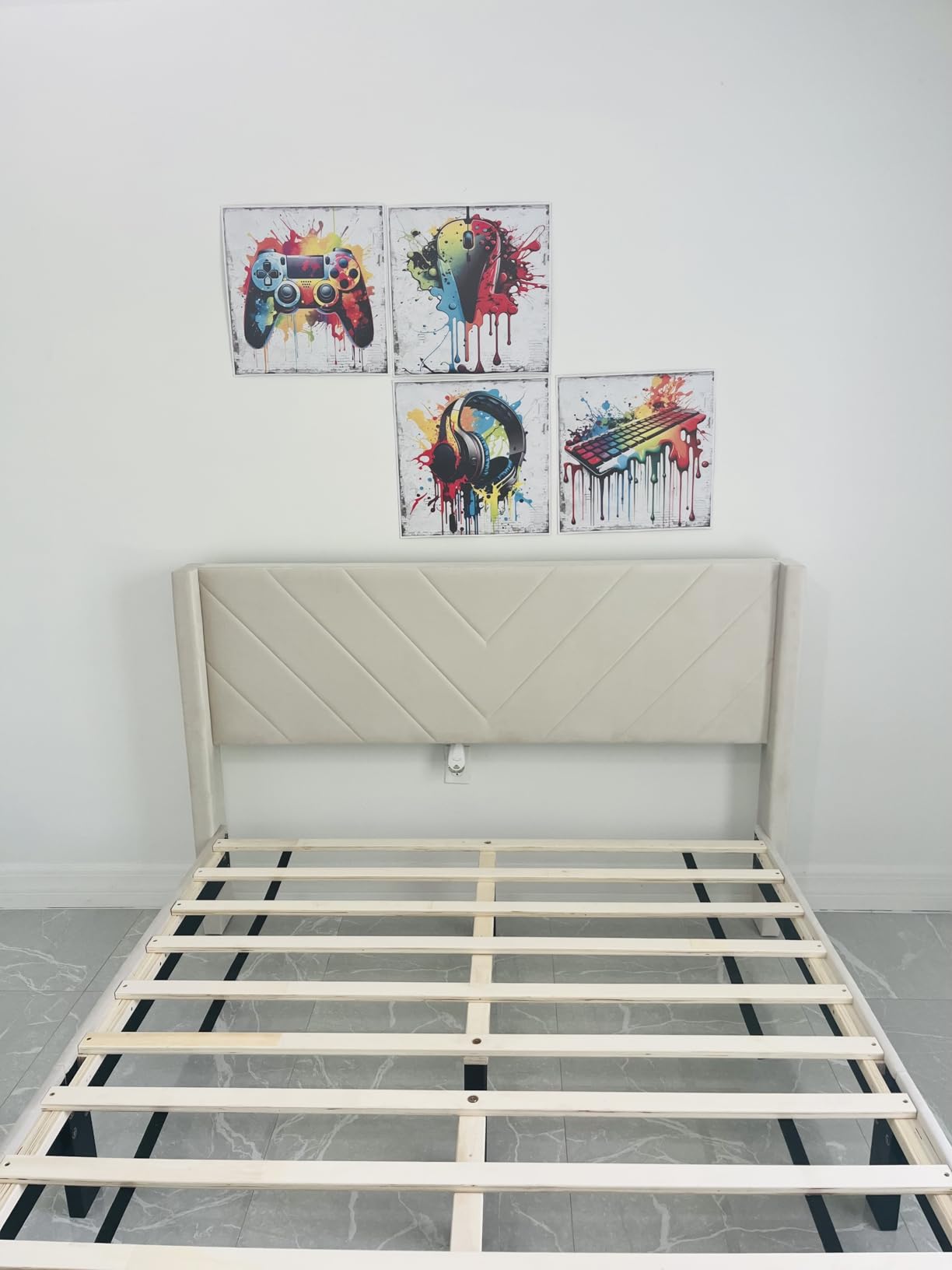Yaheetech Queen Bed Frame Upholstered Platform Bed/Wooden Slat Support/Tufted Headboard with Wing Side/Mattress Foundation/No Box Spring Needed, Deep Gray Queen customer photo 2