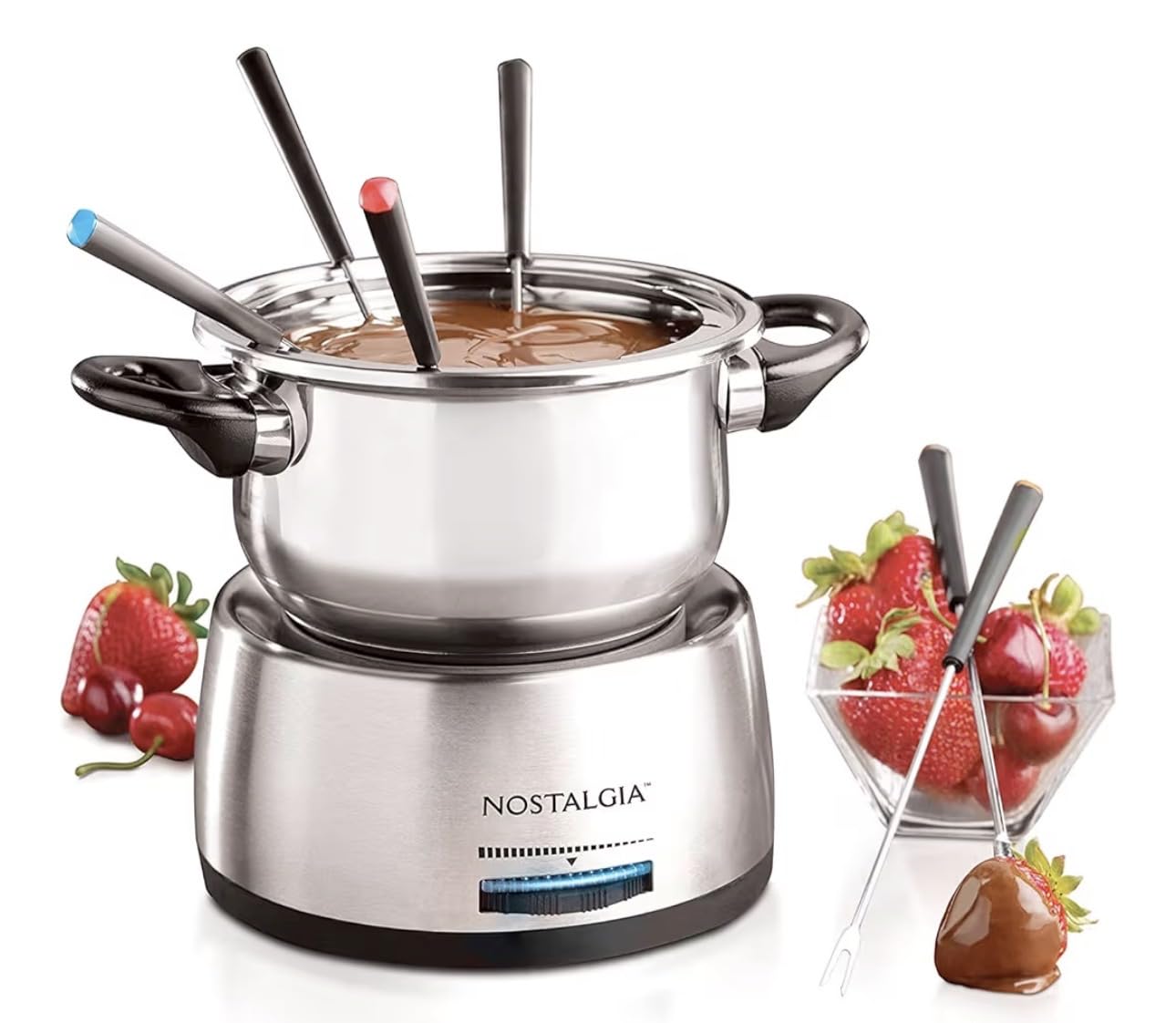 Nostalgia 8-Cup Electric Fondue Pot Set for Cheese & Chocolate - 8 Color-Coded Forks, Temperature Control - Kitchen Gadgets and Appliances for Hors d'Oeuvres and More - Stainless Steel customer photo 1