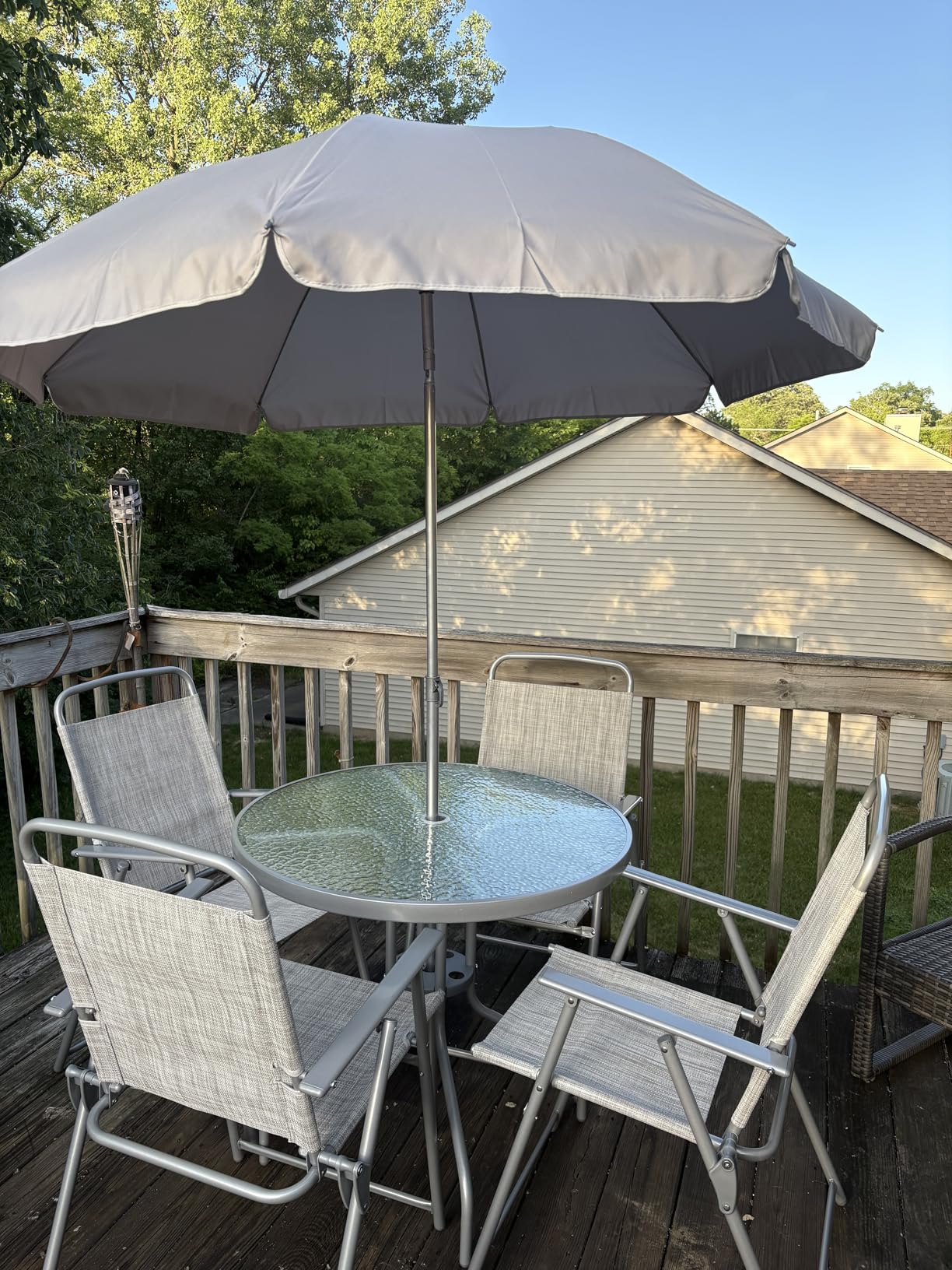 Vongrasig 6 Pieces Folding Patio Dining Set, All Weather Small Metal Outdoor Table and Chair Set, Garden Patio Furniture Set w/Umbrella, Glass Table & 4 Folding Chairs for Lawn, Backyard, Blue customer photo 1