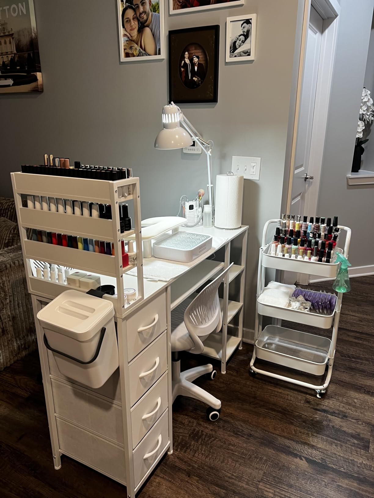 Manicure Table Nail Desk for Nail tech with Drawers and Power Outlet, Nail Beauty Table with Storage and Open Shelves for Home, Workshop, Makeup Beauty Salon Workstation (White) customer photo 1