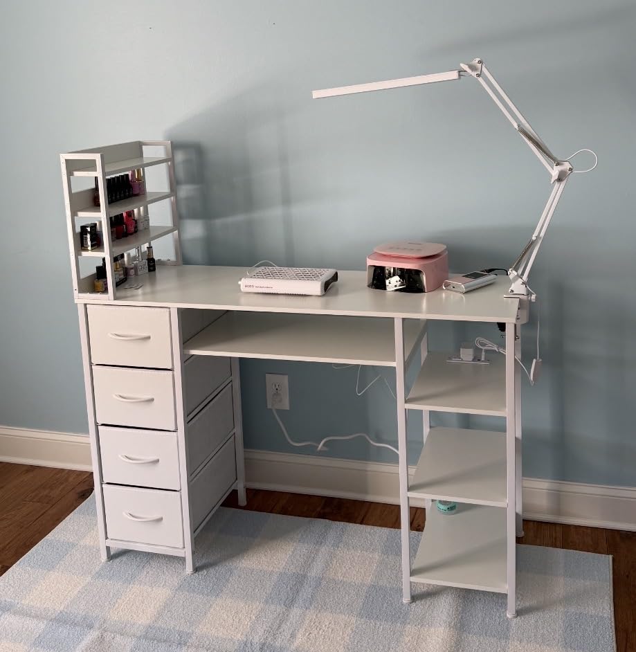 Manicure Table Nail Desk for Nail tech with Drawers and Power Outlet, Nail Beauty Table with Storage and Open Shelves for Home, Workshop, Makeup Beauty Salon Workstation (White) customer photo 2