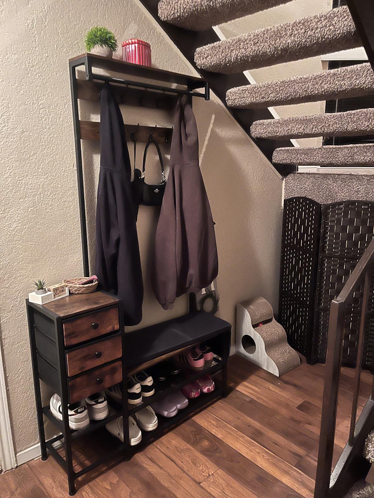 Itaar Coat Rack, Hall Tree with Bench and Shoe Storage, 7-in-1 Entryway Bench with Soft Cushion, Storage Bag, 3 Fabric Drawers (Rustic Brown) customer photo 1