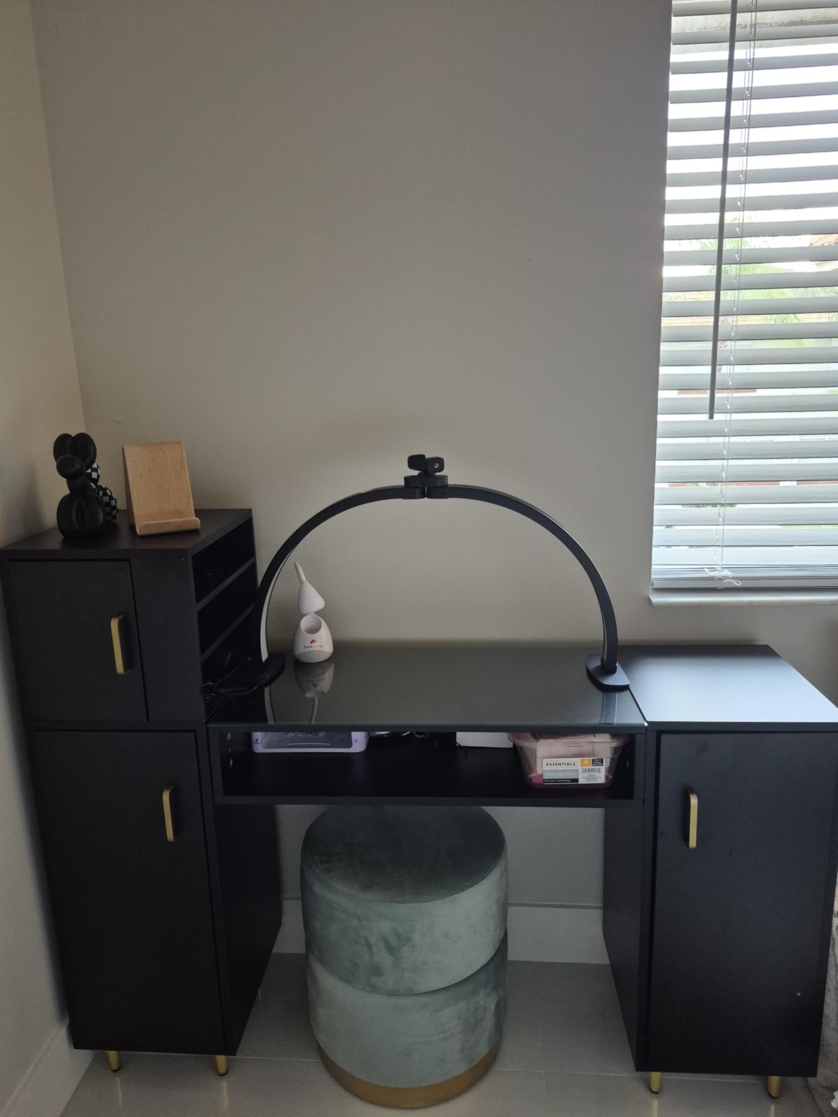 Manicure Table Nail Desk w/Electric Dust Collector, Glass Top Versatile Manicure Station for Nail Tech, Includes Wrist Cushion, Storage Cabinet & Drawers, Shelves, for Salon & Home, Black customer photo 1