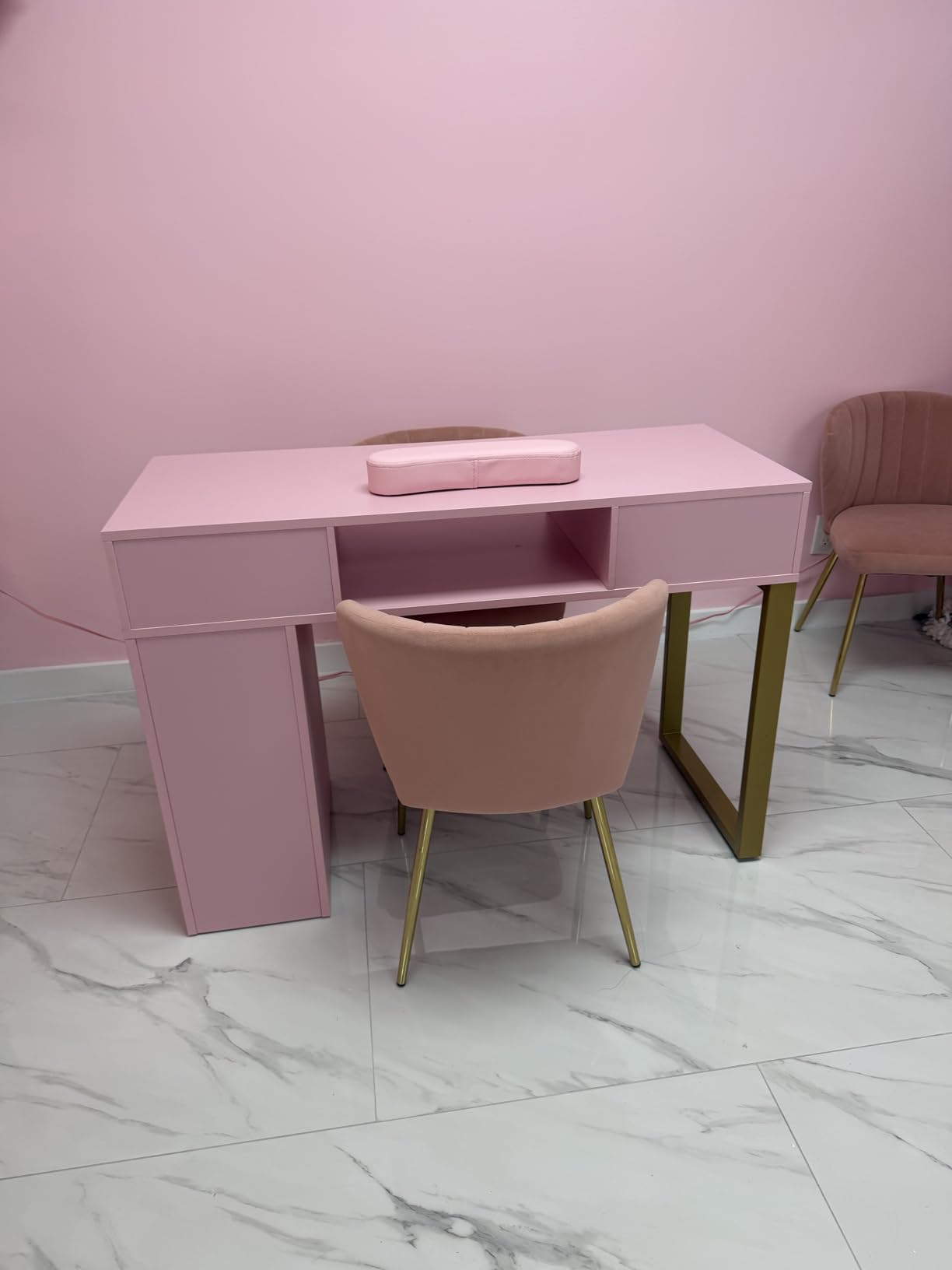 Manicure Table Nail Desk w/Electric Dust Collector, Glass Top Versatile Manicure Station for Nail Tech, Includes Wrist Cushion, Storage Cabinet & Drawers, Shelves, for Salon & Home, Black customer photo 2