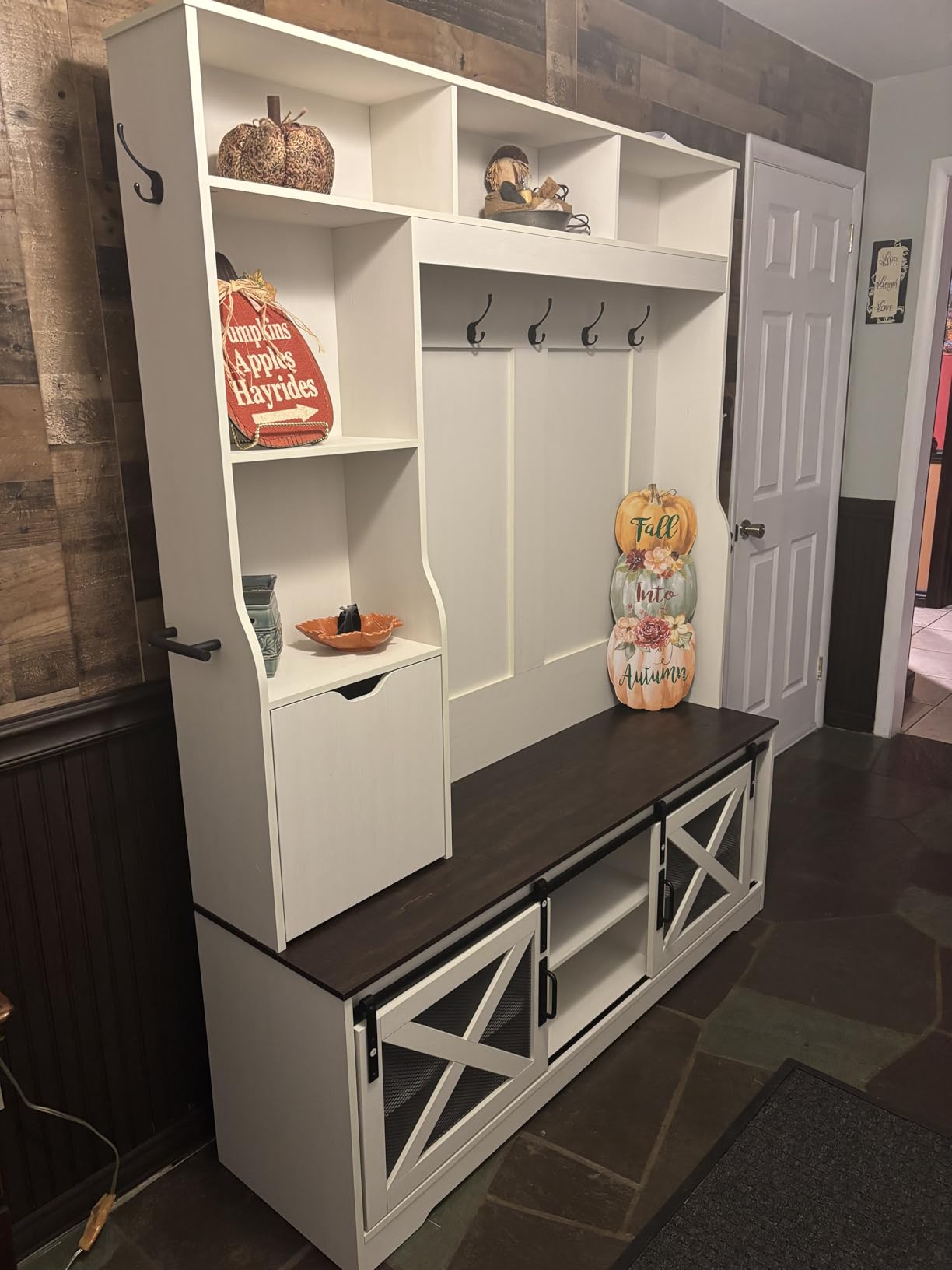 75''H 59''W Large LED Farmhouse Hall Tree with Bench and Shoe Storage, Entryway Bench with Coat Rack, 16 Shoe Cubbies & Umbrella Holder and Sock Storage Drawer, Mudroom/Hallway Storages Cabinet (Brown) customer photo 1