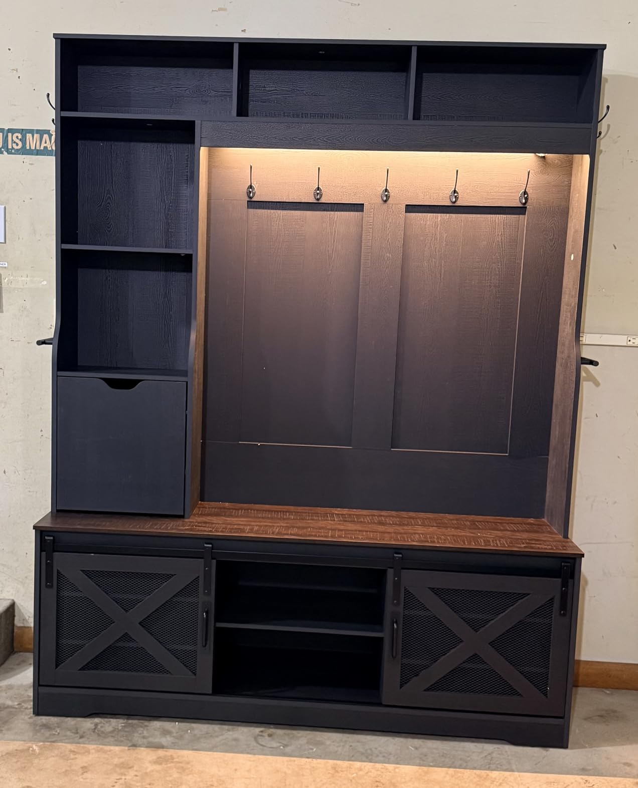 75''H 59''W Large LED Farmhouse Hall Tree with Bench and Shoe Storage, Entryway Bench with Coat Rack, 16 Shoe Cubbies & Umbrella Holder and Sock Storage Drawer, Mudroom/Hallway Storages Cabinet (Brown) customer photo 2