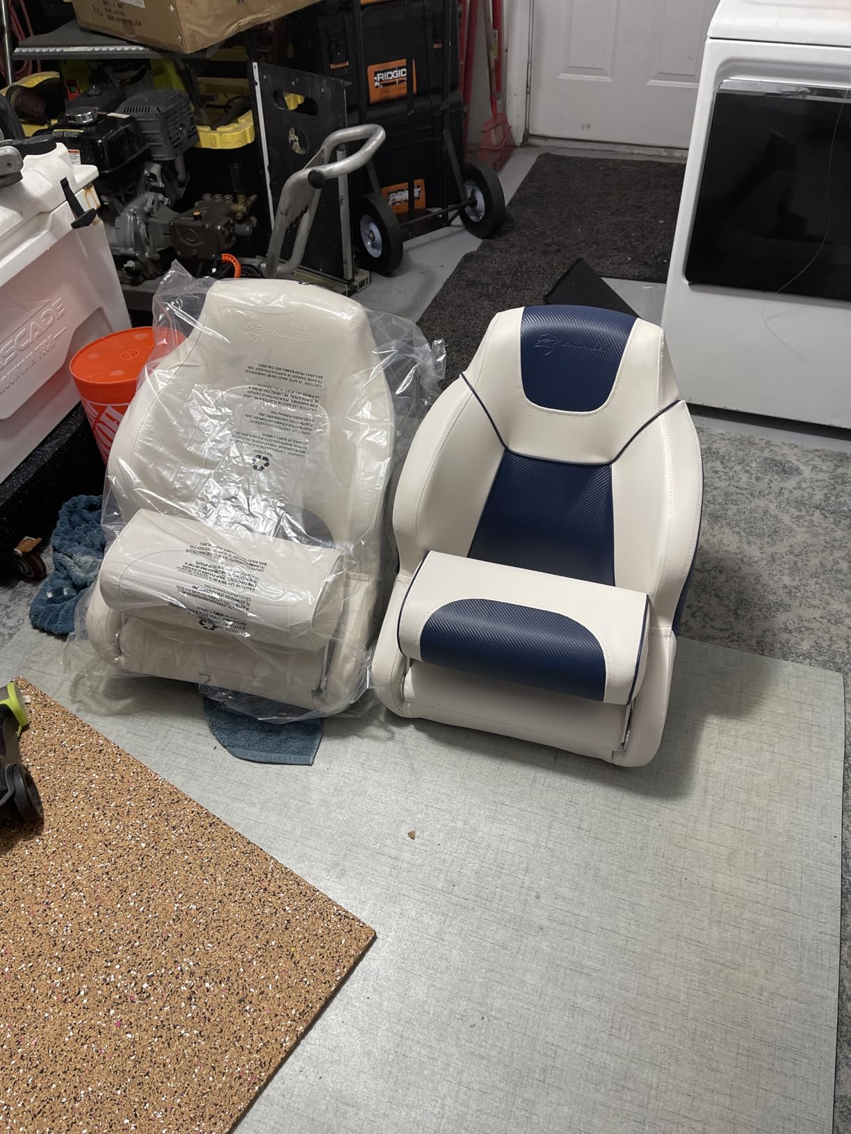 Seamander Boat Captains Chair, Captain Bucket Seat with Flip Up Bolster, Integral Rotomolded Frame, Premium EPDM Foam Material, Marine Grade Vinyl (D-Ivory/Tan) customer photo 1