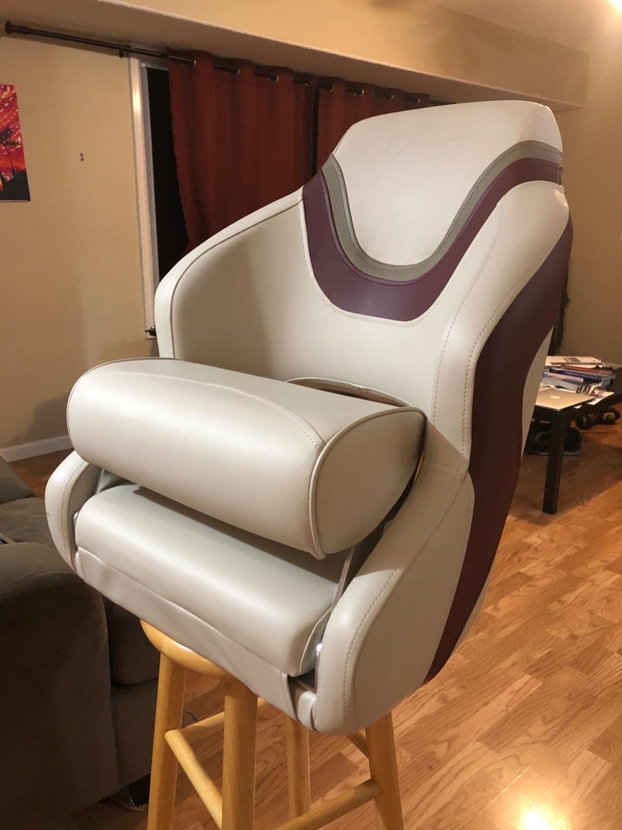 Seamander Boat Captains Chair, Captain Bucket Seat with Flip Up Bolster, Integral Rotomolded Frame, Premium EPDM Foam Material, Marine Grade Vinyl (D-Ivory/Tan) customer photo 2