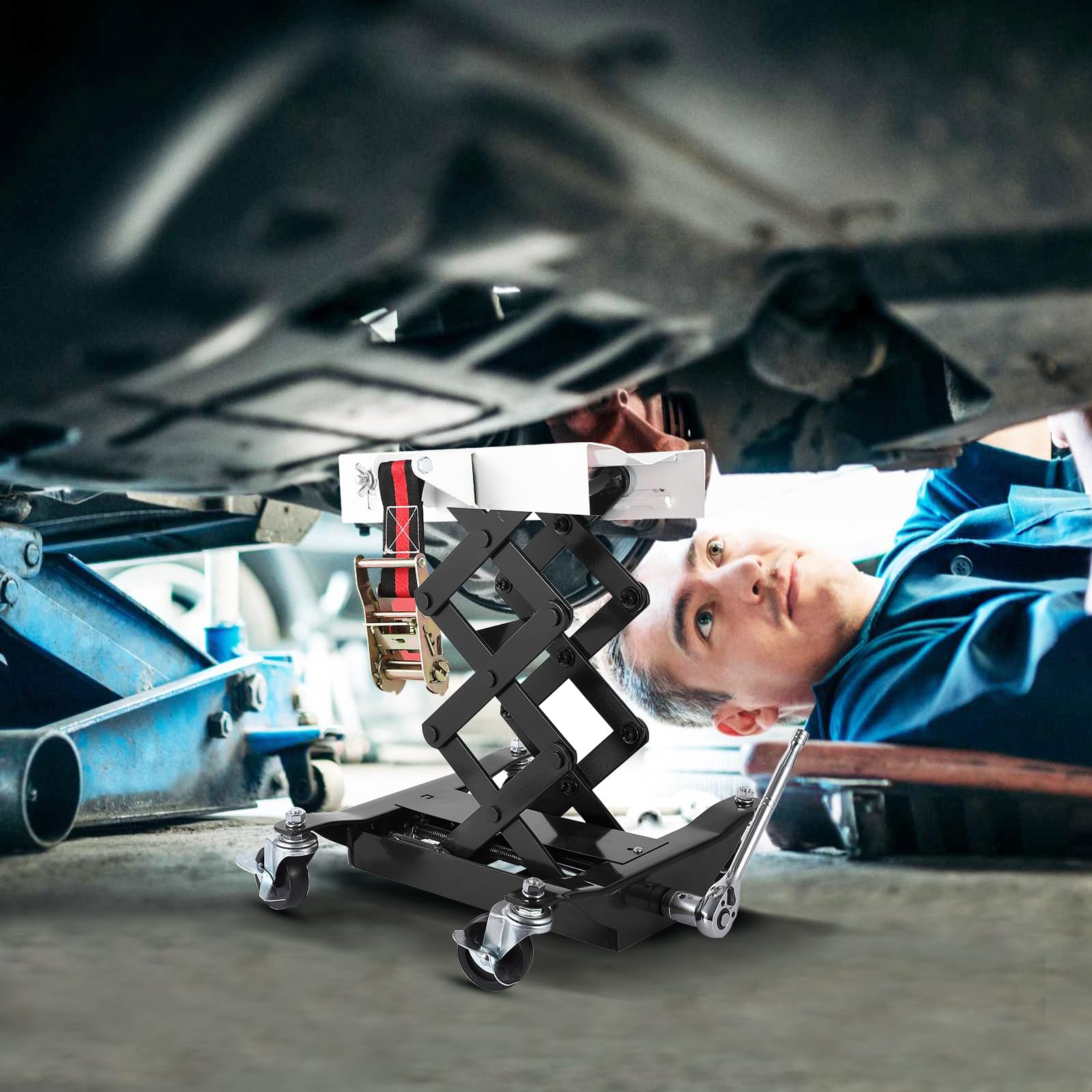 GarveeTech 450 LBS Low Profile Transmission Jack - Heavy-Duty Auto Repair Lift with 7-23 Inch Height Range, 2M Safety Straps & 4 Brake Wheels for Safe, Smooth Repairs - Black customer photo 2