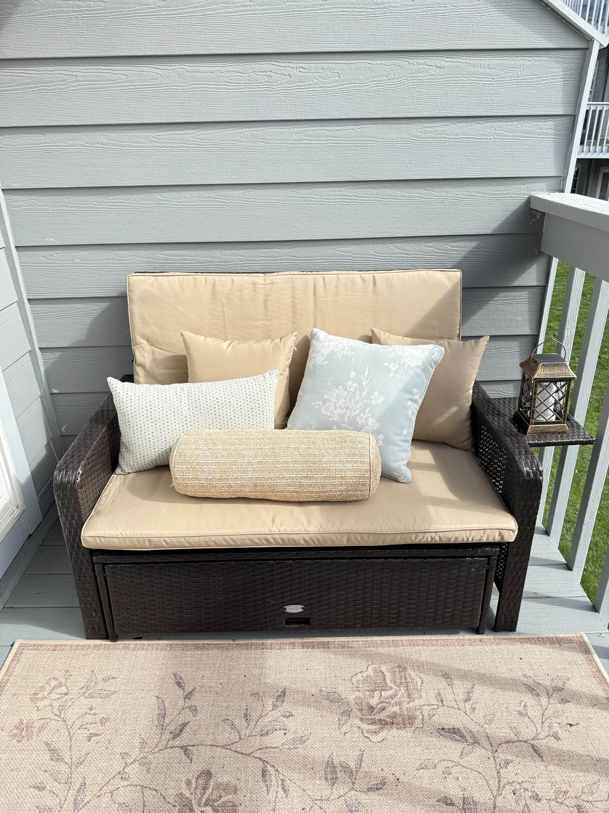 RELAX4LIFE Wicker Patio Outdoor Daybed - Rattan Day Bed Lounger w/Loveseat & Storage Ottoman, Sunbed Sofa Set w/Cushions, 4-Level Adjustable Backrest & 2 Retractable Trays, Patio Daybed (White-Black) customer photo 1