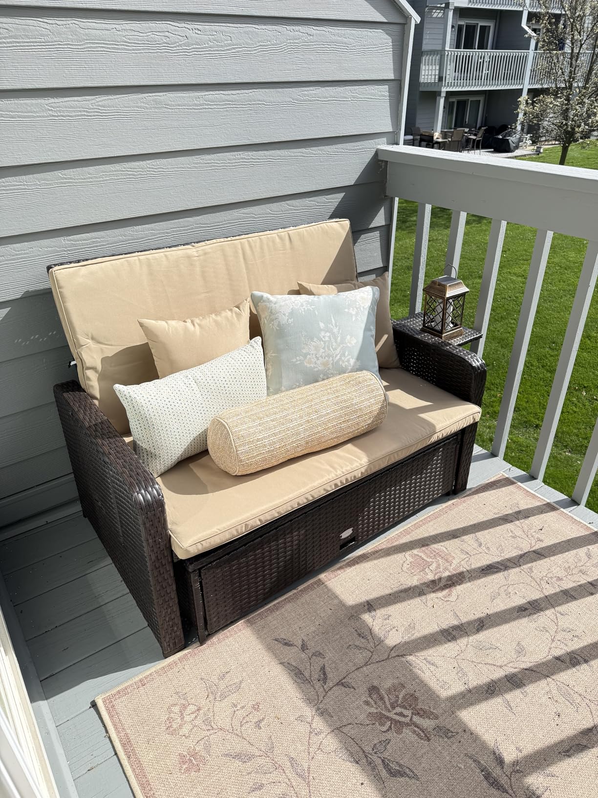 RELAX4LIFE Wicker Patio Outdoor Daybed - Rattan Day Bed Lounger w/Loveseat & Storage Ottoman, Sunbed Sofa Set w/Cushions, 4-Level Adjustable Backrest & 2 Retractable Trays, Patio Daybed (White-Black) customer photo 2