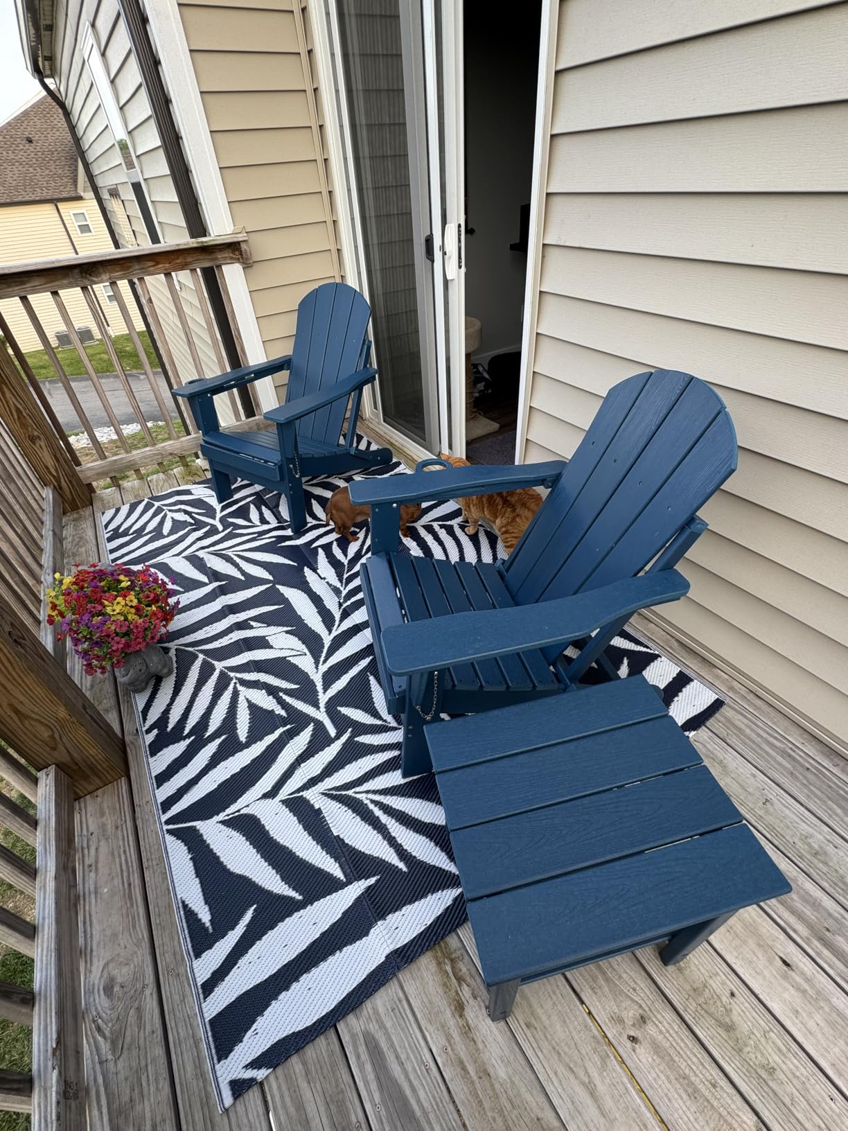 GarveeLife Folding Adirondack Chair Set of 2 with Side Table, All-Weather HDPE Outdoor Chair, Wooden Textured with Cup Holder for patios, Decks, Gardens, fire pits, Navy Blue customer photo 2