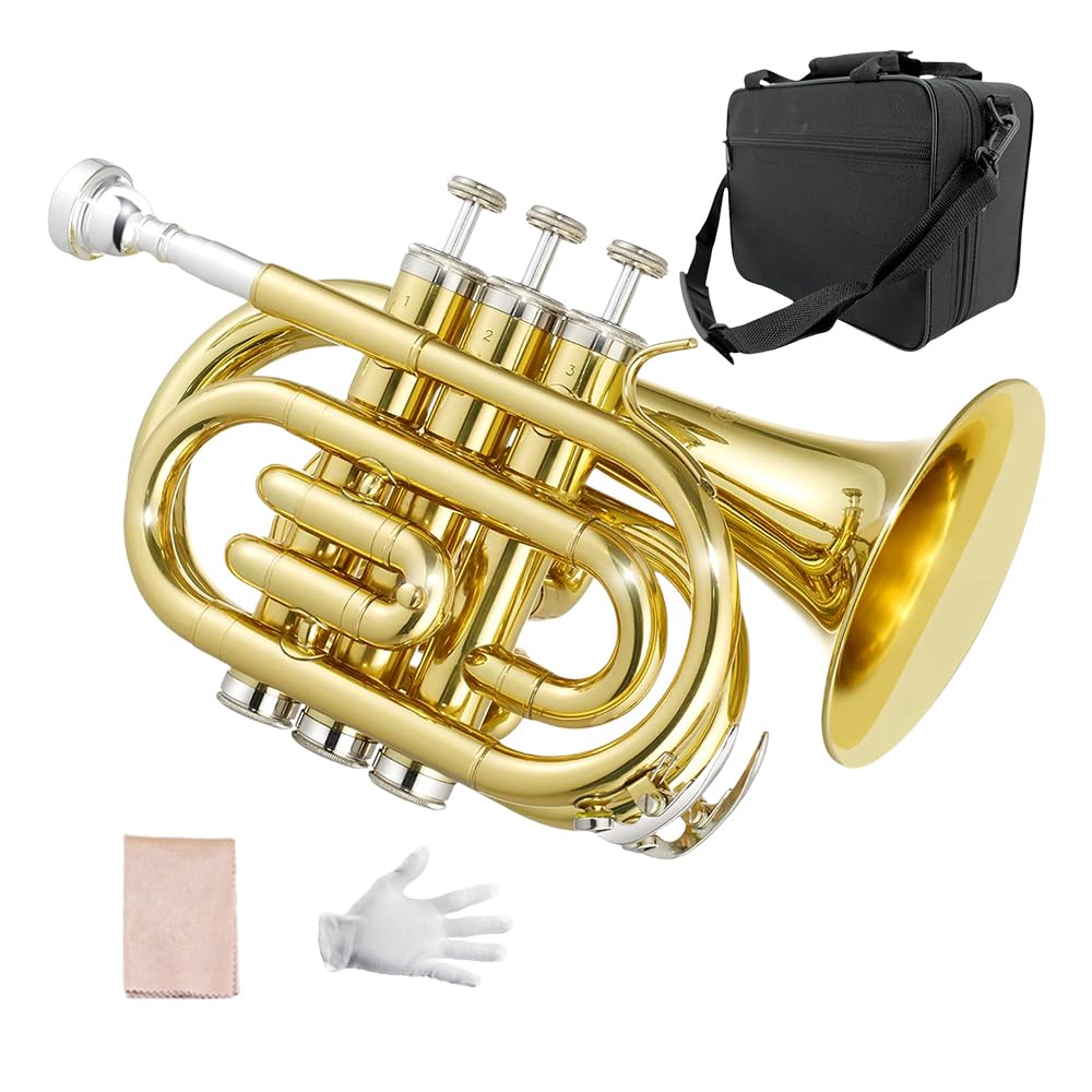 Yinfente Bb Flat Pocket Trumpet Bass Trumpet For Beginner, Student With Cleaning cloth, Silver plated 7C mouthpiece, hard case White gloves (Gold) customer photo 1
