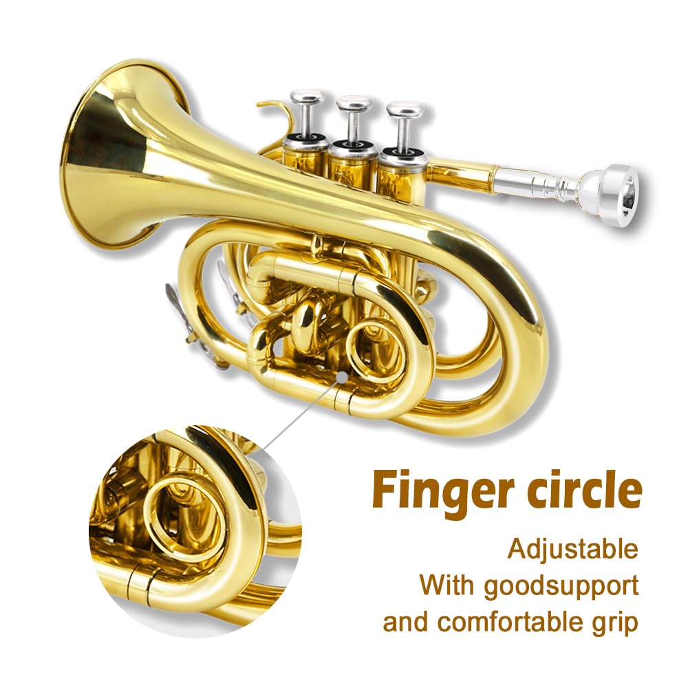 Yinfente Bb Flat Pocket Trumpet Bass Trumpet For Beginner, Student With Cleaning cloth, Silver plated 7C mouthpiece, hard case White gloves (Gold) customer photo 2