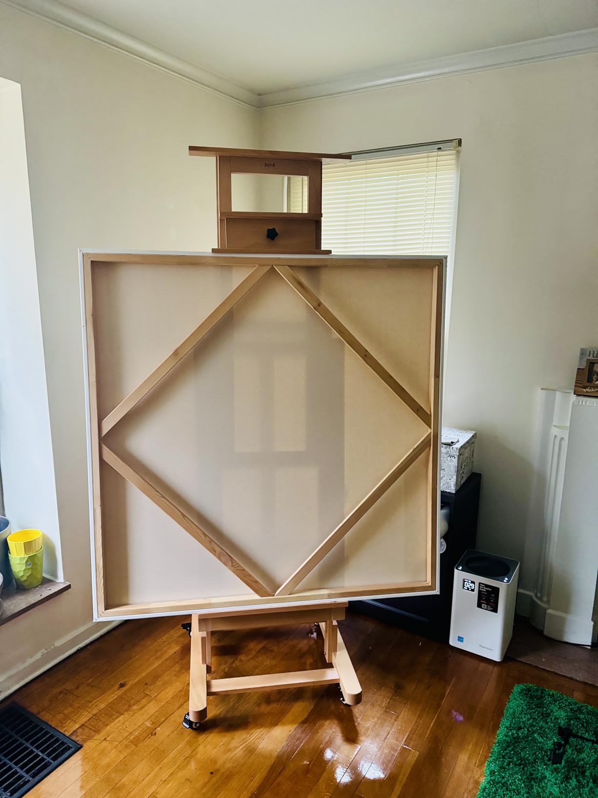 DJAR Extra Large H-Frame Studio Art Easel with Lockable Casters, Natural | Movable Wooden Tilts Flat Heavy Duty Floor Stand, Solid Beech Wood Art Easel For Artists, Hold 1 or 2 Canvas up to 79