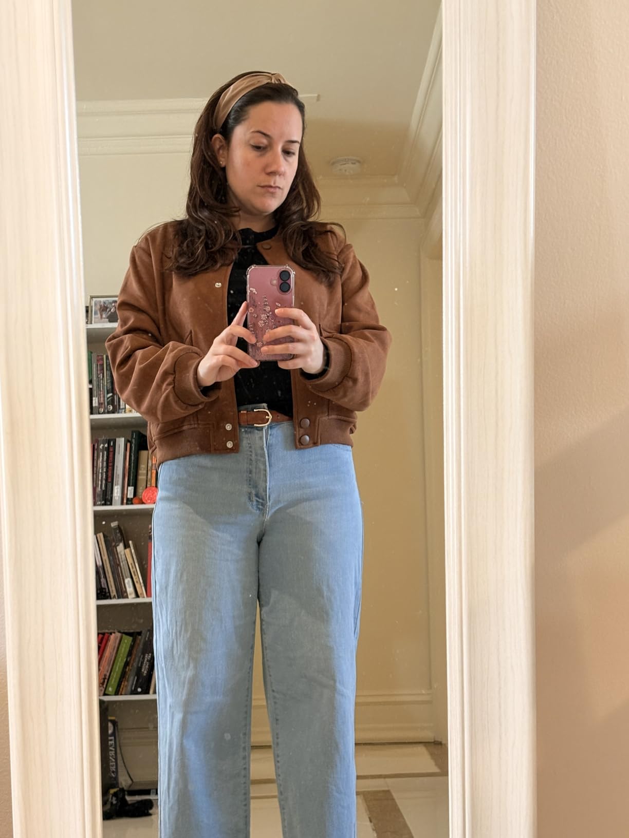 Womens Faux Suede Leather Bomber Jacket Cropped Button Down Long Sleeve Casual Varsity Baseball With Pockets customer photo 1