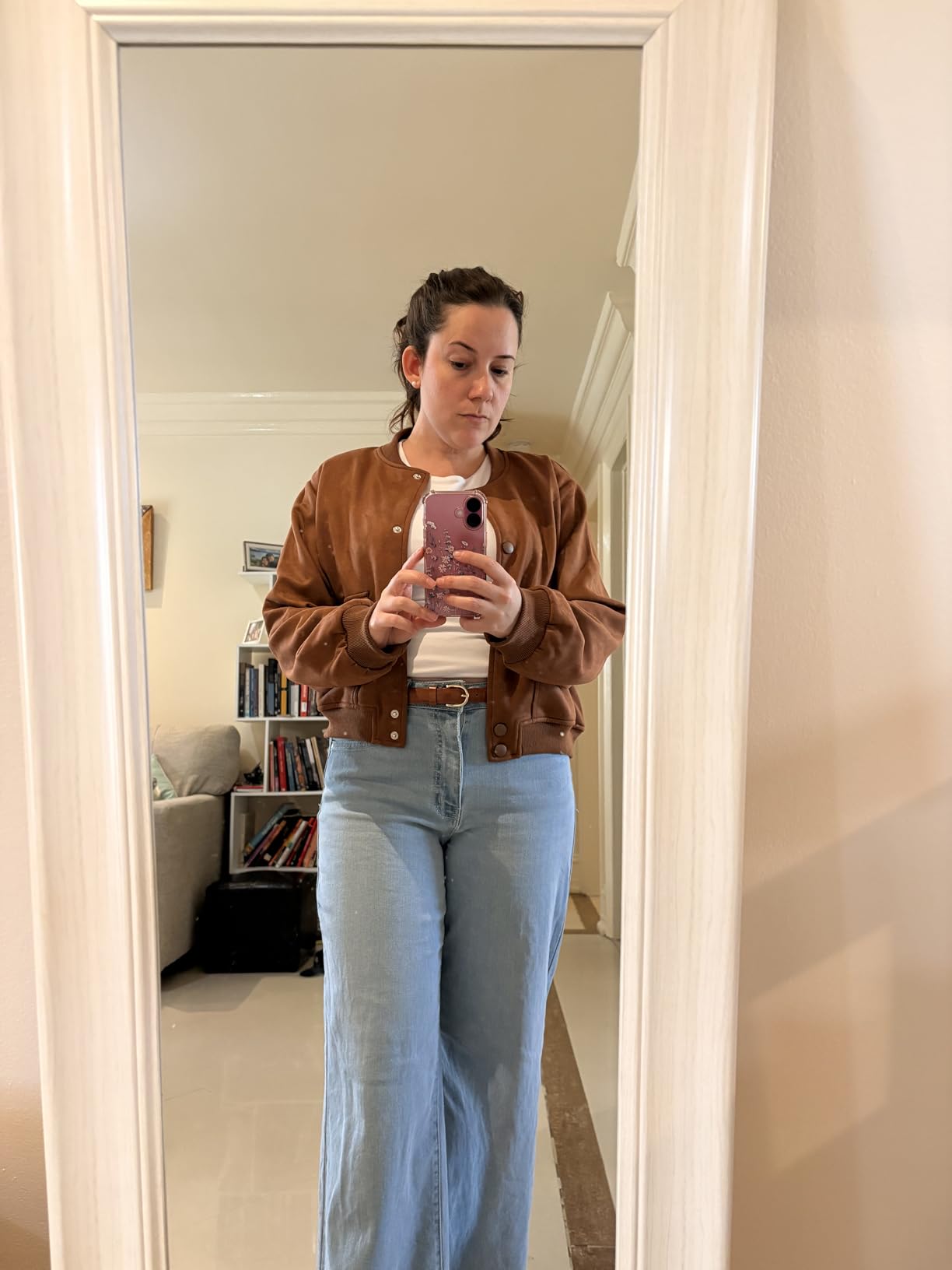 Womens Faux Suede Leather Bomber Jacket Cropped Button Down Long Sleeve Casual Varsity Baseball With Pockets customer photo 2