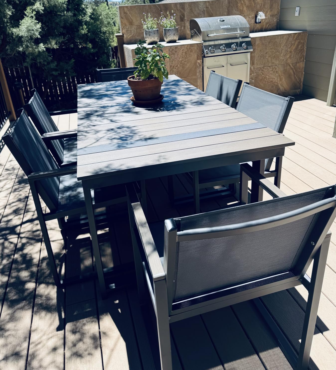 Outdoor Dining Set, HDPS + Aluminum Patio Table and Chairs Set with U-Shaped Base, 7 Piece Outdoor Furniture Set with Umbrella Hole, Patio Dining Table Set for Garden, Backyard (Gray-Teak) customer photo 1