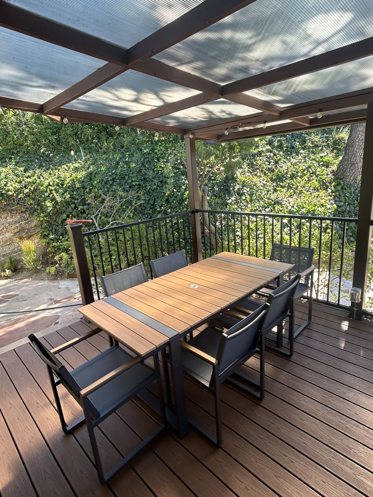 Outdoor Dining Set, HDPS + Aluminum Patio Table and Chairs Set with U-Shaped Base, 7 Piece Outdoor Furniture Set with Umbrella Hole, Patio Dining Table Set for Garden, Backyard (Gray-Teak) customer photo 2
